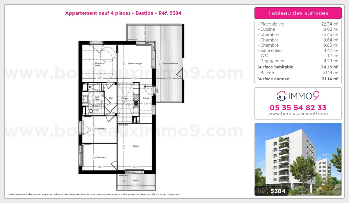 Plan et surfaces, Programme neuf Bordeaux : Bastide Référence n° 5384