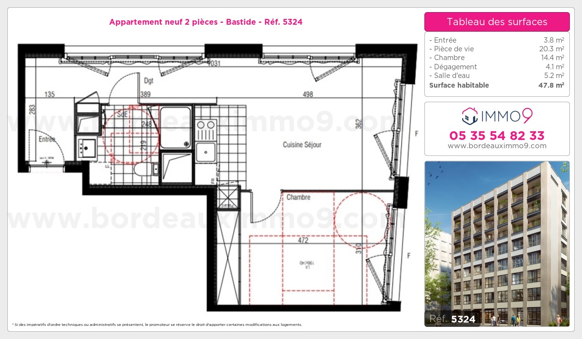 Plan et surfaces, Programme neuf Bordeaux : Bastide Référence n° 5324