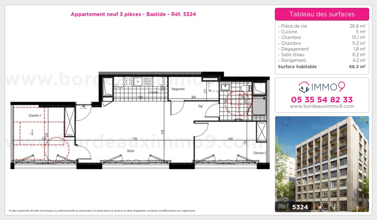 Plan et surfaces, Programme neuf Bordeaux : Bastide Référence n° 5324