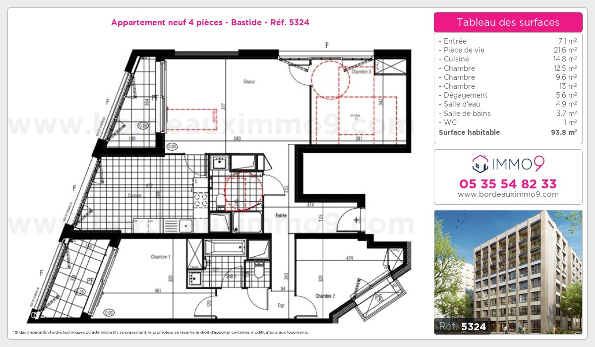 Plan et surfaces, Programme neuf Bordeaux : Bastide Référence n° 5324