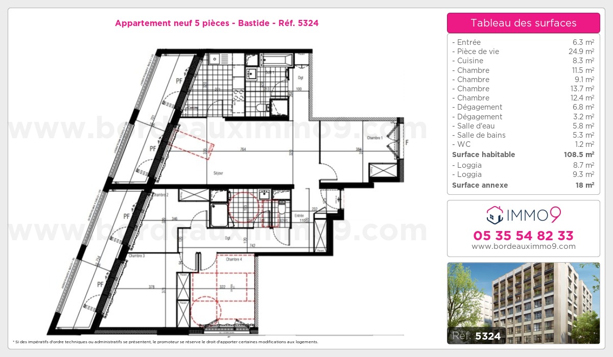 Plan et surfaces, Programme neuf Bordeaux : Bastide Référence n° 5324