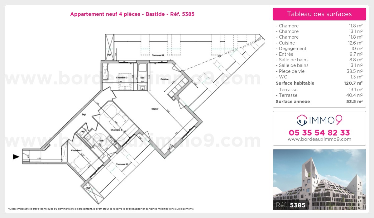 Plan et surfaces, Programme neuf Bordeaux : Bastide Référence n° 5385