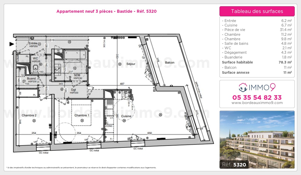 Plan et surfaces, Programme neuf Bordeaux : Bastide Référence n° 5320