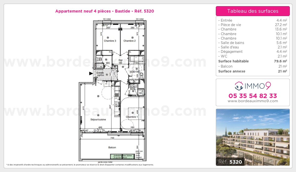 Plan et surfaces, Programme neuf Bordeaux : Bastide Référence n° 5320