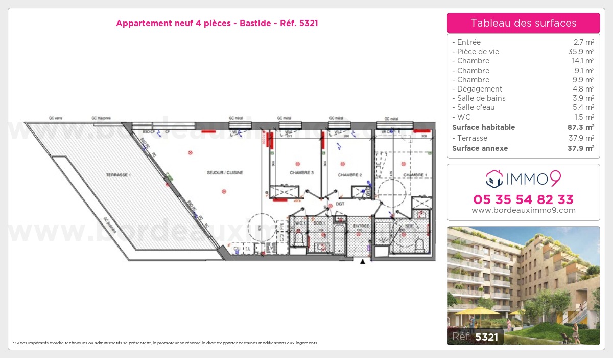 Plan et surfaces, Programme neuf Bordeaux : Bastide Référence n° 5321