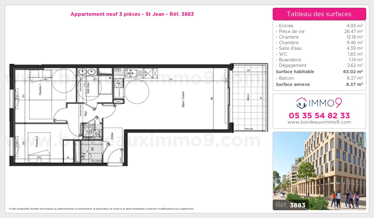 Plan et surfaces, Programme neuf Bordeaux : St Jean Référence n° 3883