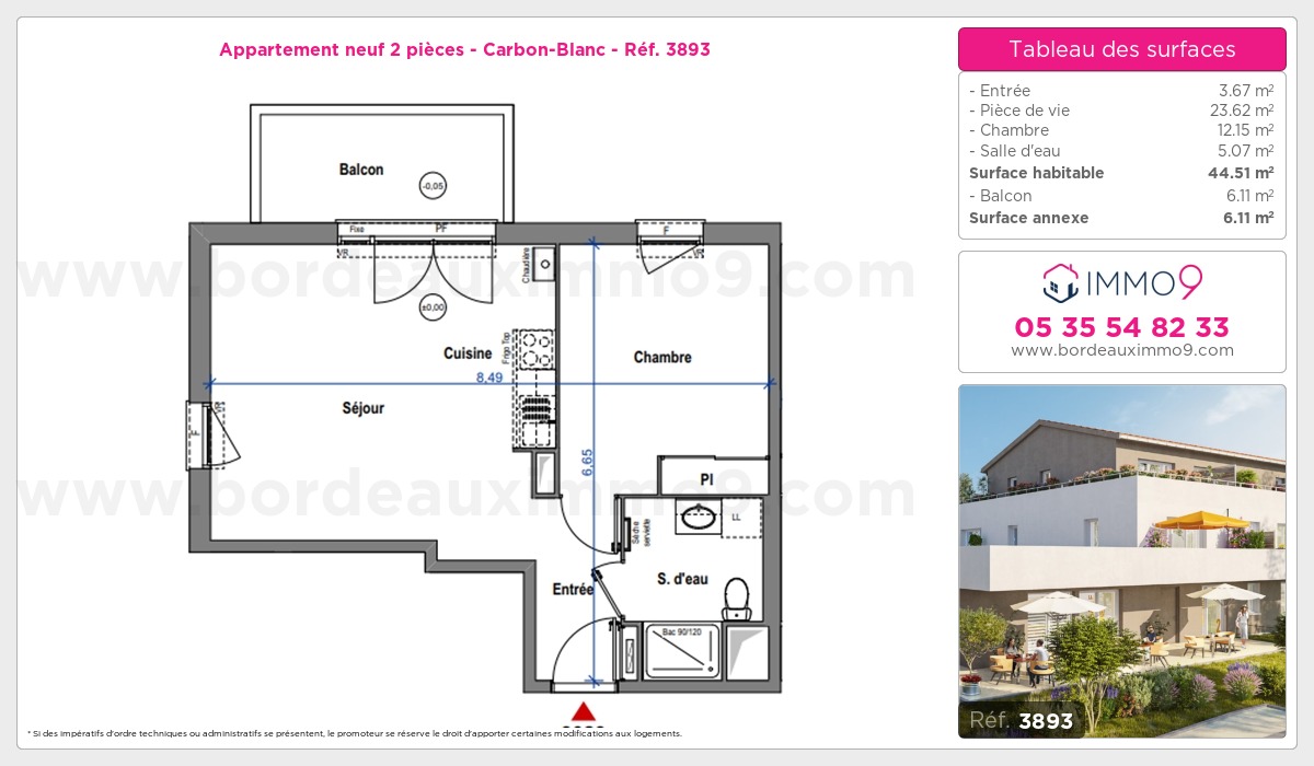Plan et surfaces, Programme neuf Carbon-Blanc Référence n° 3893