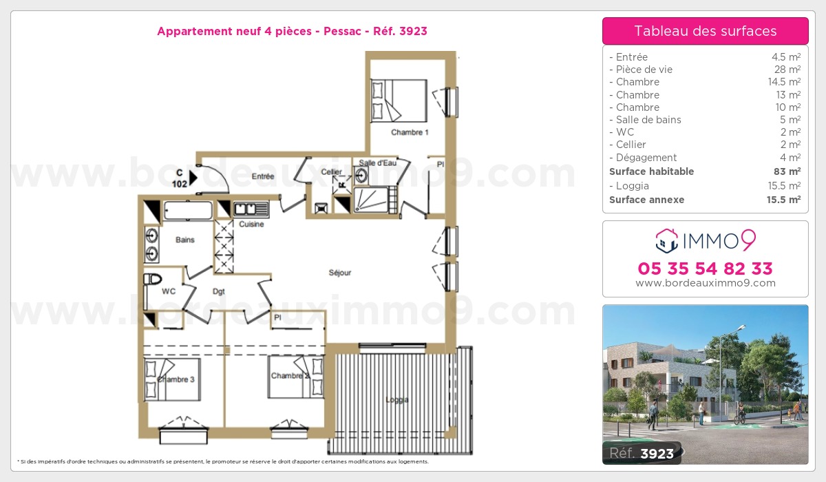 Plan et surfaces, Programme neuf Pessac Référence n° 3923