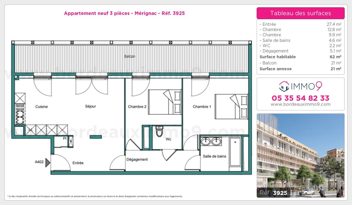 Plan et surfaces, Programme neuf Mérignac Référence n° 3925