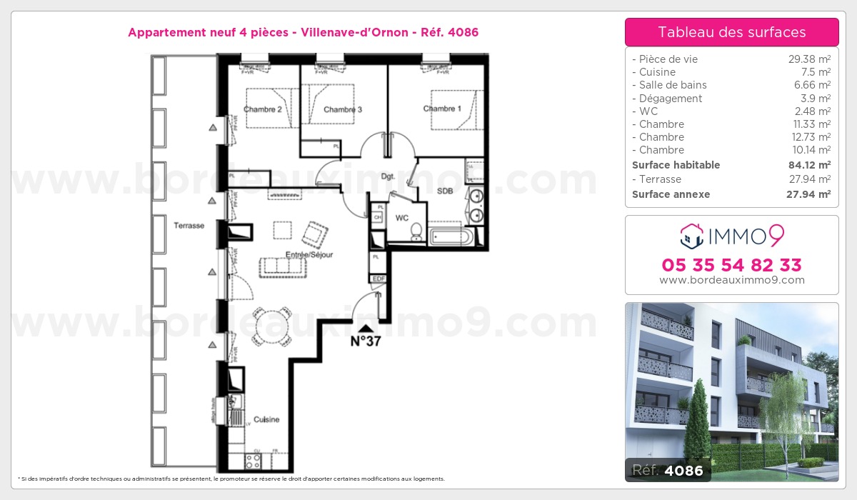 Plan et surfaces, Programme neuf Villenave-d'Ornon Référence n° 4086