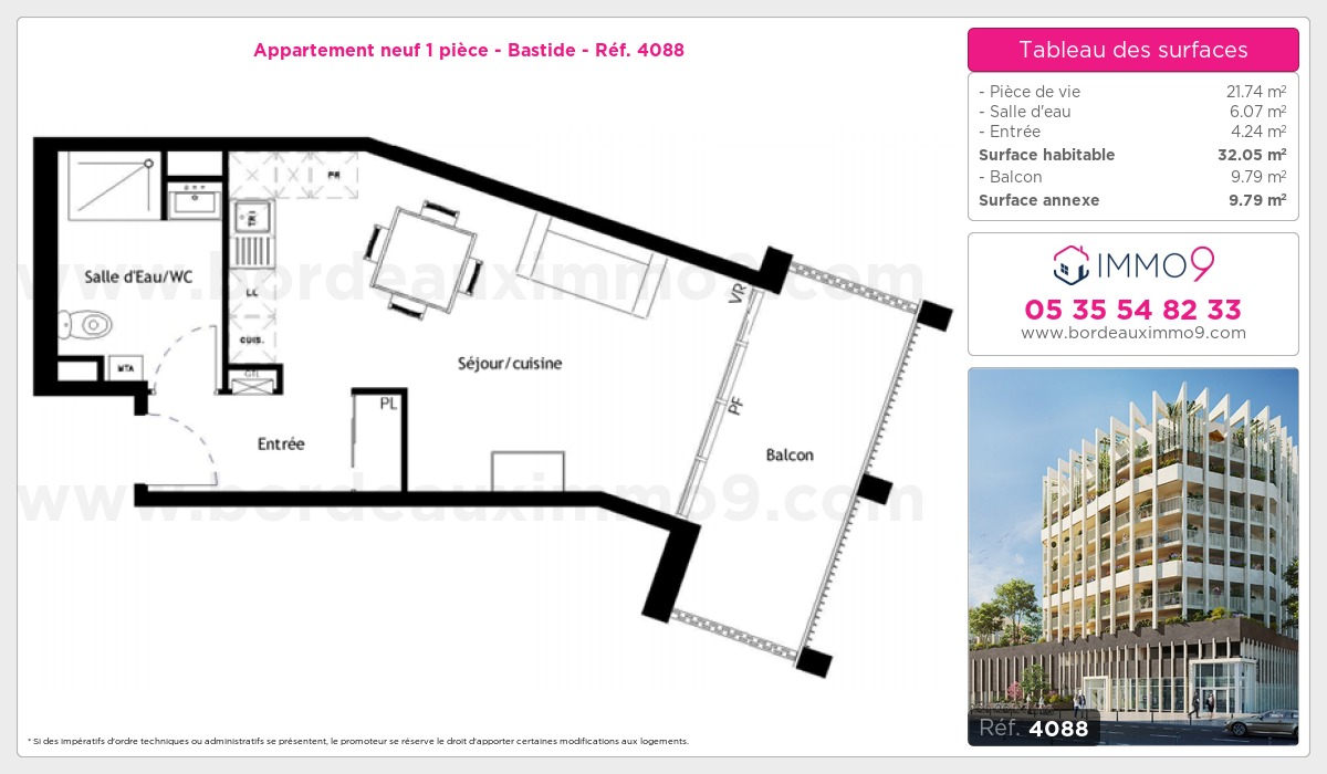 Plan et surfaces, Programme neuf Bordeaux : Bastide Référence n° 4088