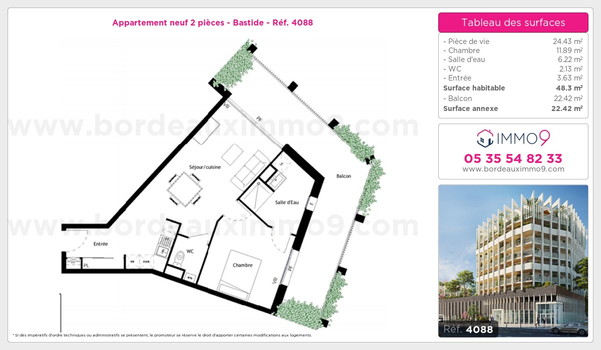 Plan et surfaces, Programme neuf Bordeaux : Bastide Référence n° 4088