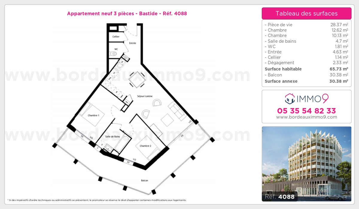 Plan et surfaces, Programme neuf Bordeaux : Bastide Référence n° 4088