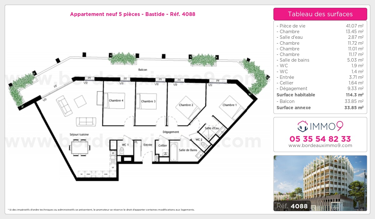 Plan et surfaces, Programme neuf Bordeaux : Bastide Référence n° 4088