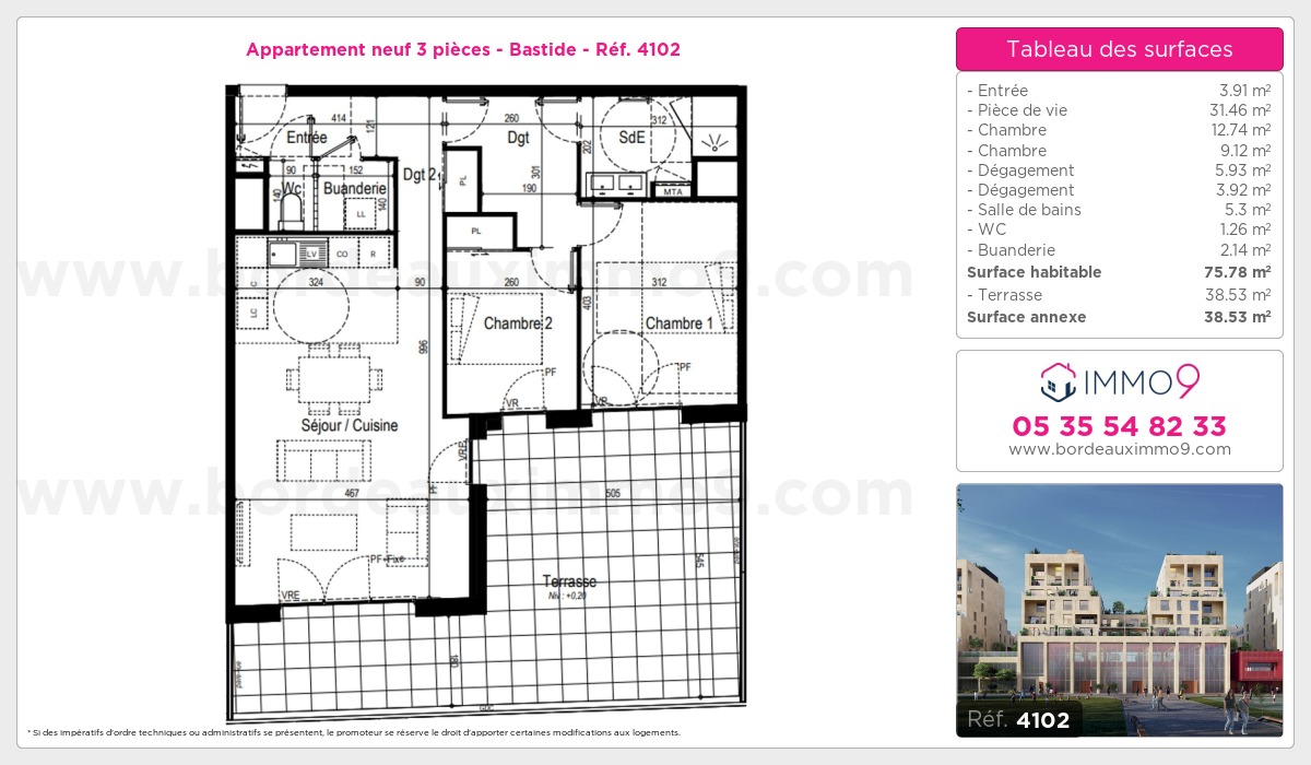 Plan et surfaces, Programme neuf Bordeaux : Bastide Référence n° 4102