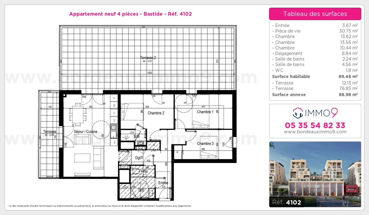 Plan et surfaces, Programme neuf Bordeaux : Bastide Référence n° 4102