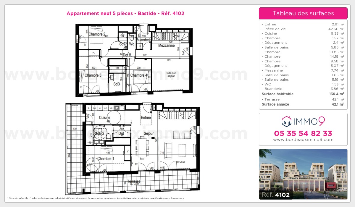 Plan et surfaces, Programme neuf Bordeaux : Bastide Référence n° 4102