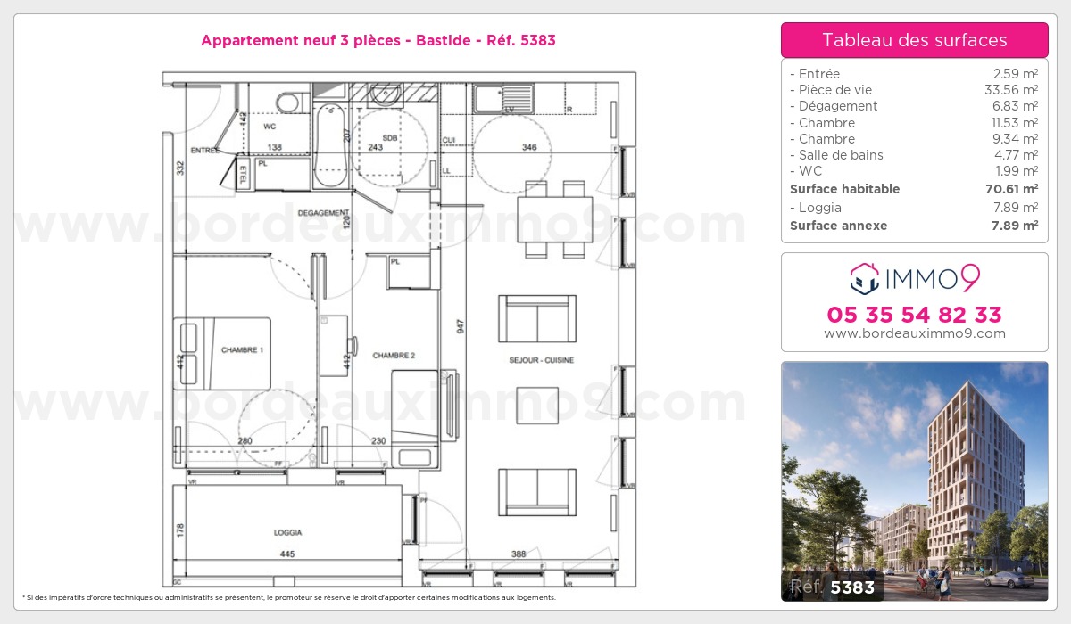 Plan et surfaces, Programme neuf Bordeaux : Bastide Référence n° 5383