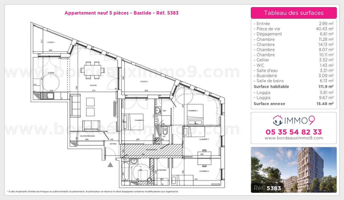 Plan et surfaces, Programme neuf Bordeaux : Bastide Référence n° 5383