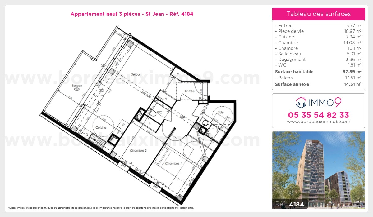 Plan et surfaces, Programme neuf Bordeaux : St Jean Référence n° 4184