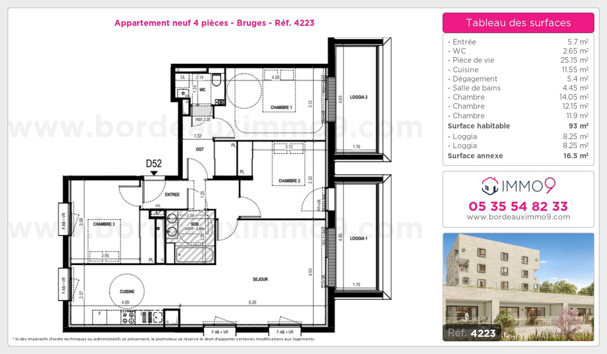 Plan et surfaces, Programme neuf Bruges Référence n° 4223