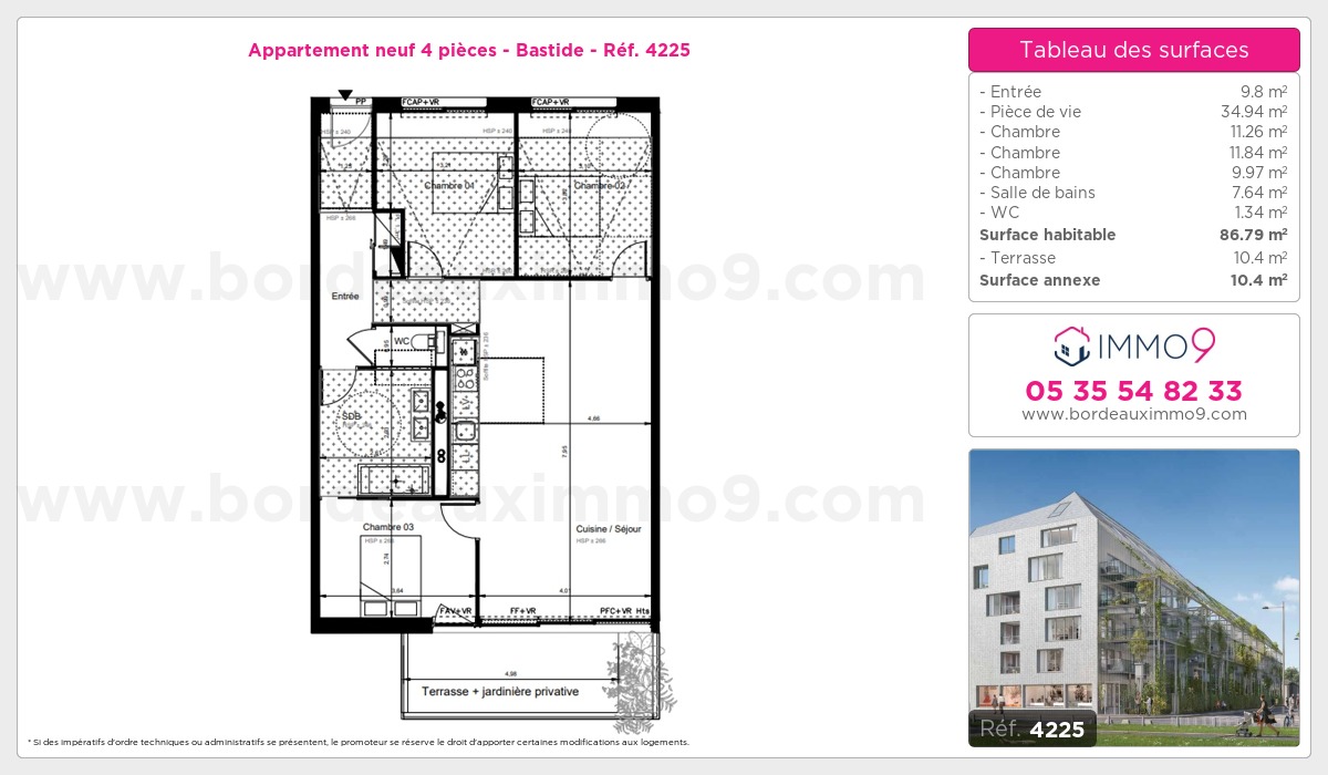 Plan et surfaces, Programme neuf Bordeaux : Bastide Référence n° 4225