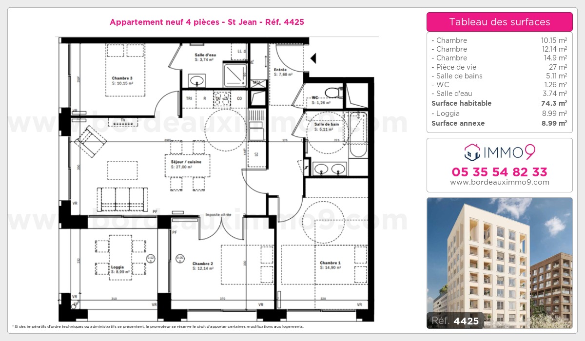 Plan et surfaces, Programme neuf Bordeaux : St Jean Référence n° 4425