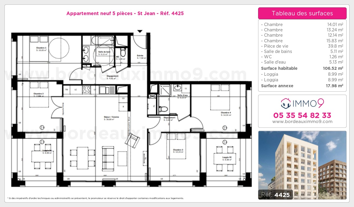 Plan et surfaces, Programme neuf Bordeaux : St Jean Référence n° 4425