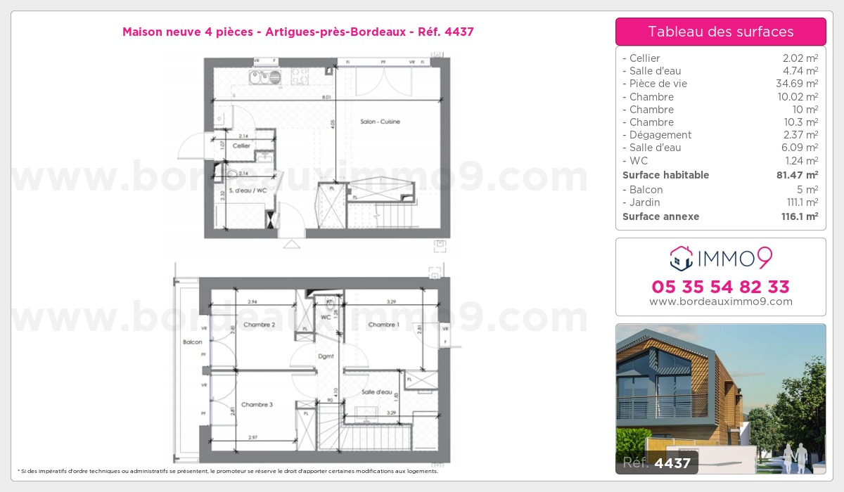 Plan et surfaces, Programme neuf Artigues-près-Bordeaux Référence n° 4437