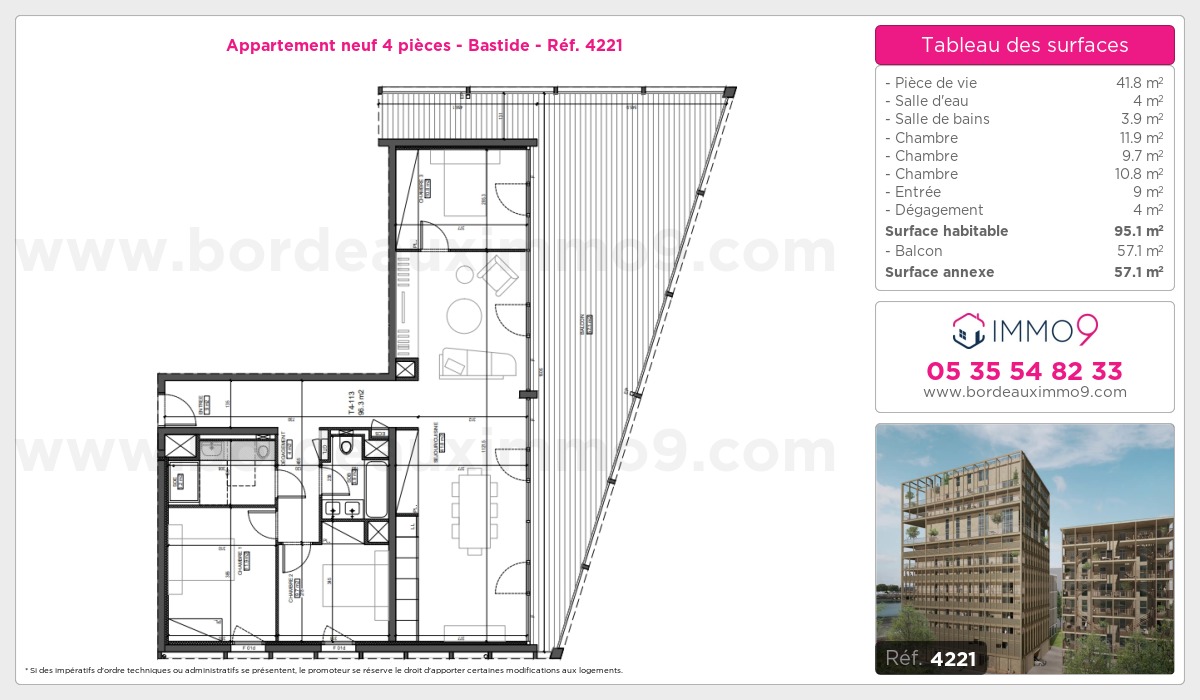 Plan et surfaces, Programme neuf Bordeaux : Bastide Référence n° 4221