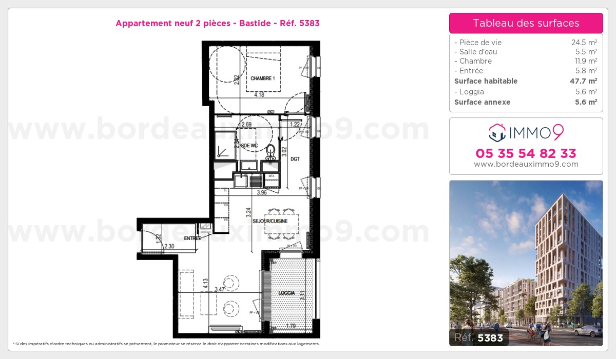 Plan et surfaces, Programme neuf Bordeaux : Bastide Référence n° 5383