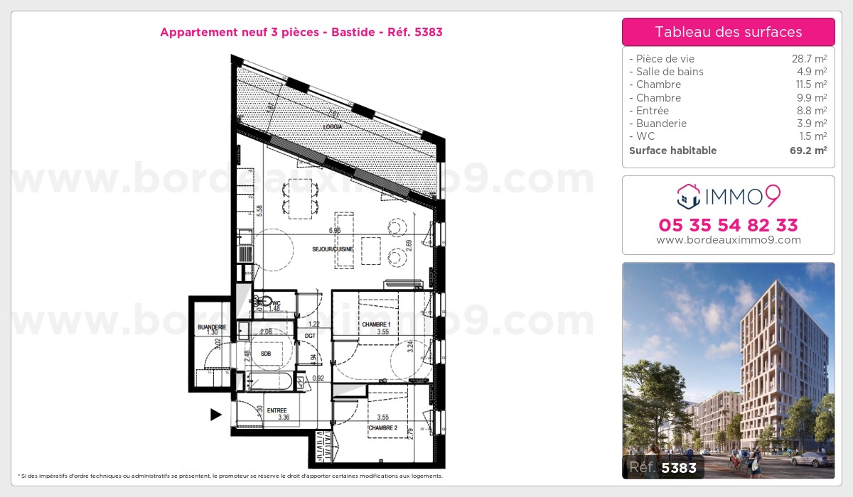 Plan et surfaces, Programme neuf Bordeaux : Bastide Référence n° 5383