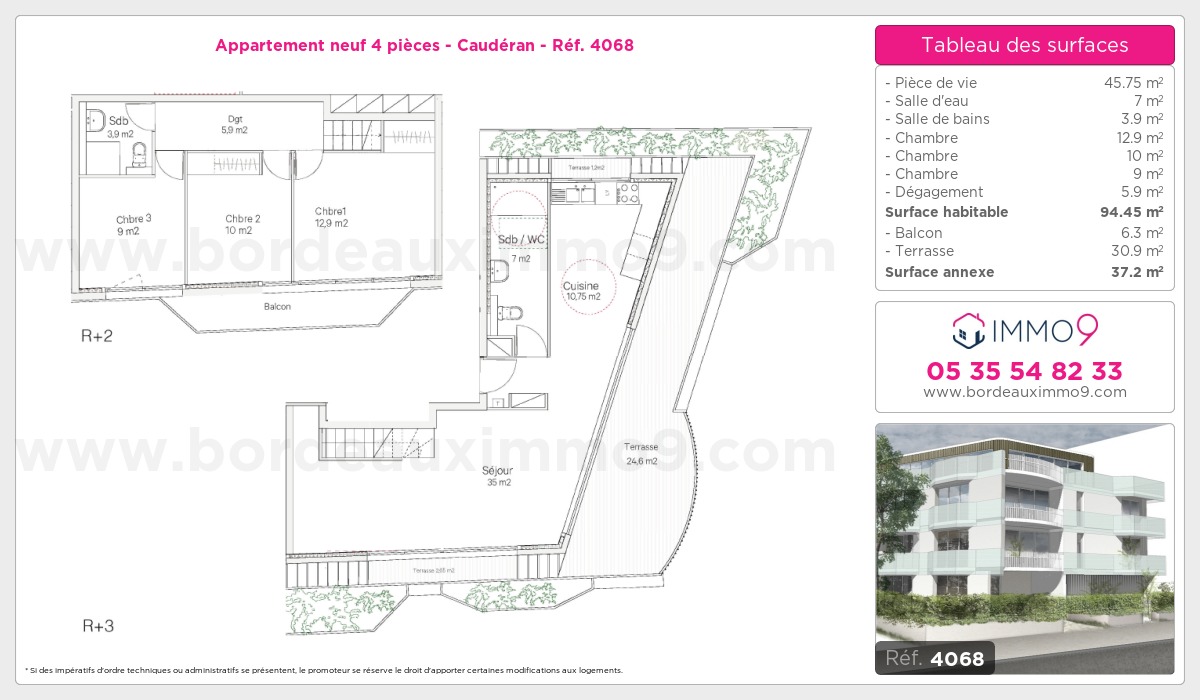 Plan et surfaces, Programme neuf Bordeaux : Caudéran Référence n° 4068