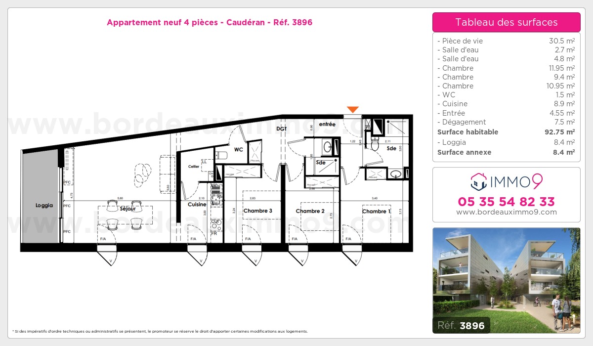 Plan et surfaces, Programme neuf Bordeaux : Caudéran Référence n° 3896