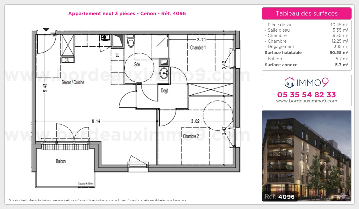 Plan et surfaces, Programme neuf Cenon Référence n° 4096