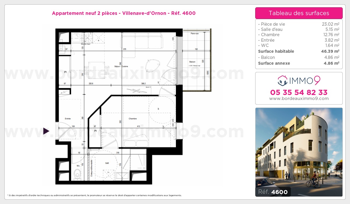 Plan et surfaces, Programme neuf Villenave-d'Ornon Référence n° 4600