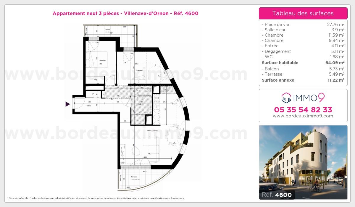 Plan et surfaces, Programme neuf Villenave-d'Ornon Référence n° 4600