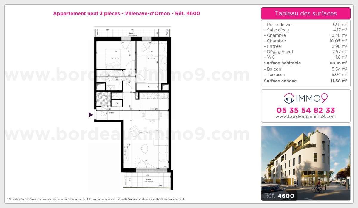 Plan et surfaces, Programme neuf Villenave-d'Ornon Référence n° 4600