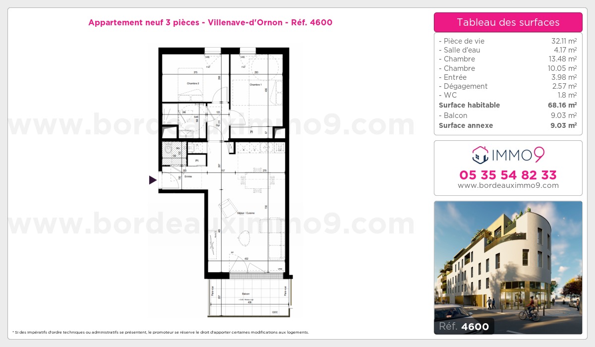 Plan et surfaces, Programme neuf Villenave-d'Ornon Référence n° 4600