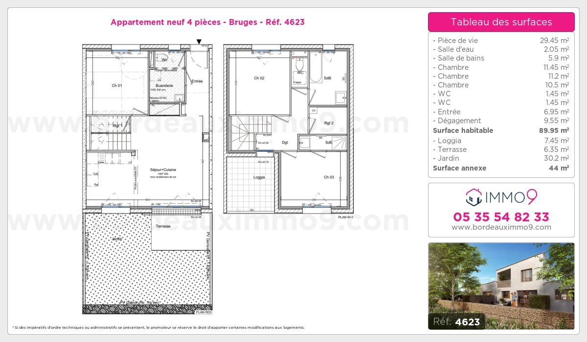 Plan et surfaces, Programme neuf Bruges Référence n° 4623