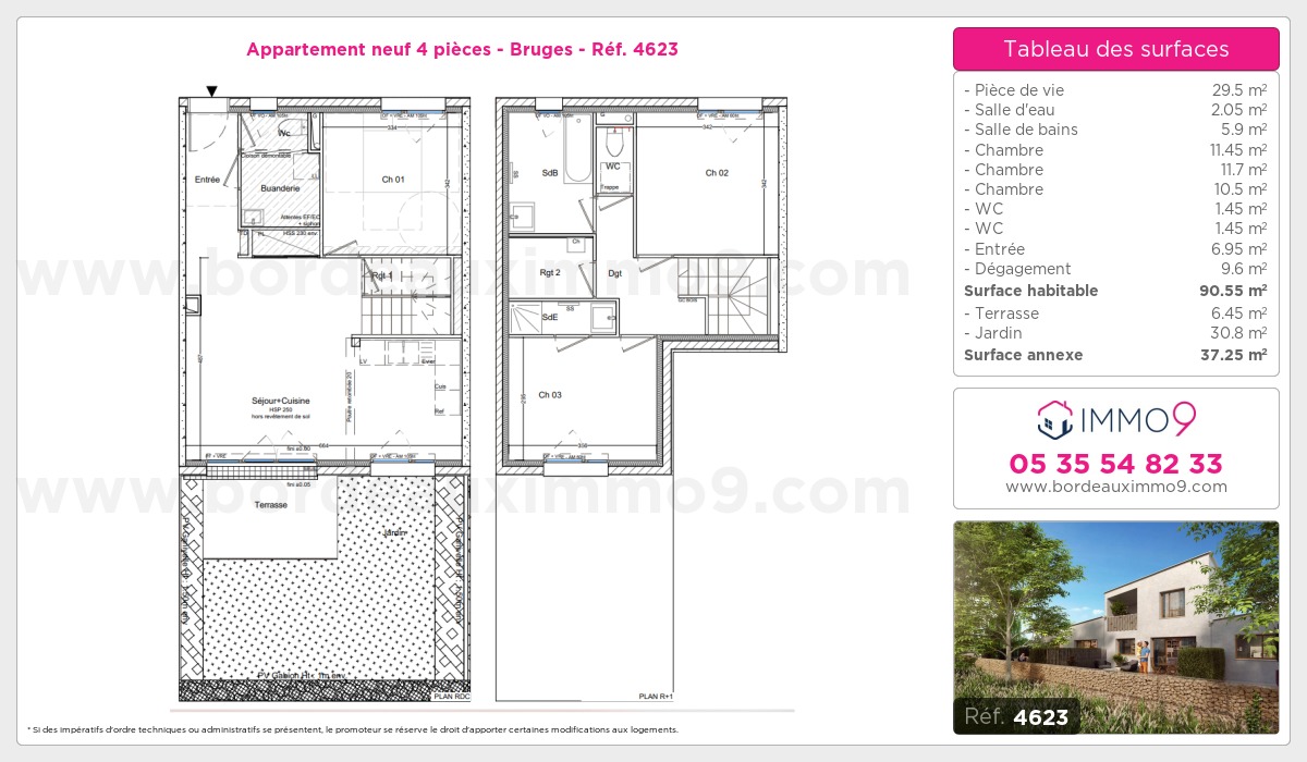 Plan et surfaces, Programme neuf Bruges Référence n° 4623