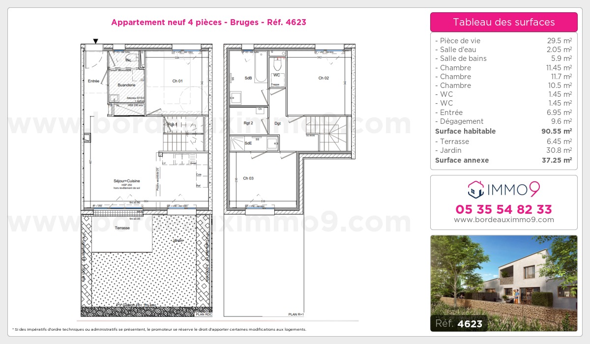 Plan et surfaces, Programme neuf Bruges Référence n° 4623
