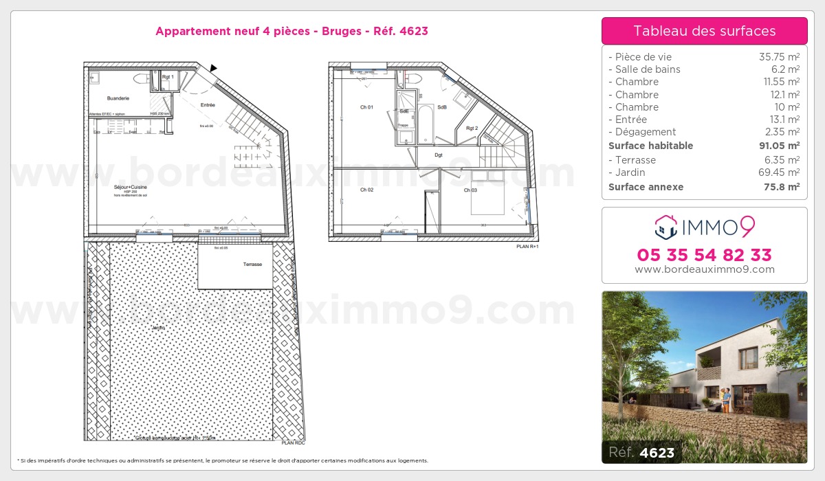 Plan et surfaces, Programme neuf Bruges Référence n° 4623