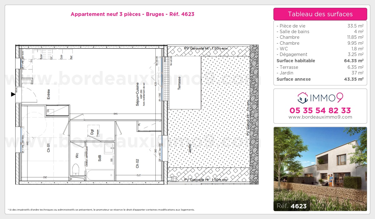 Plan et surfaces, Programme neuf Bruges Référence n° 4623