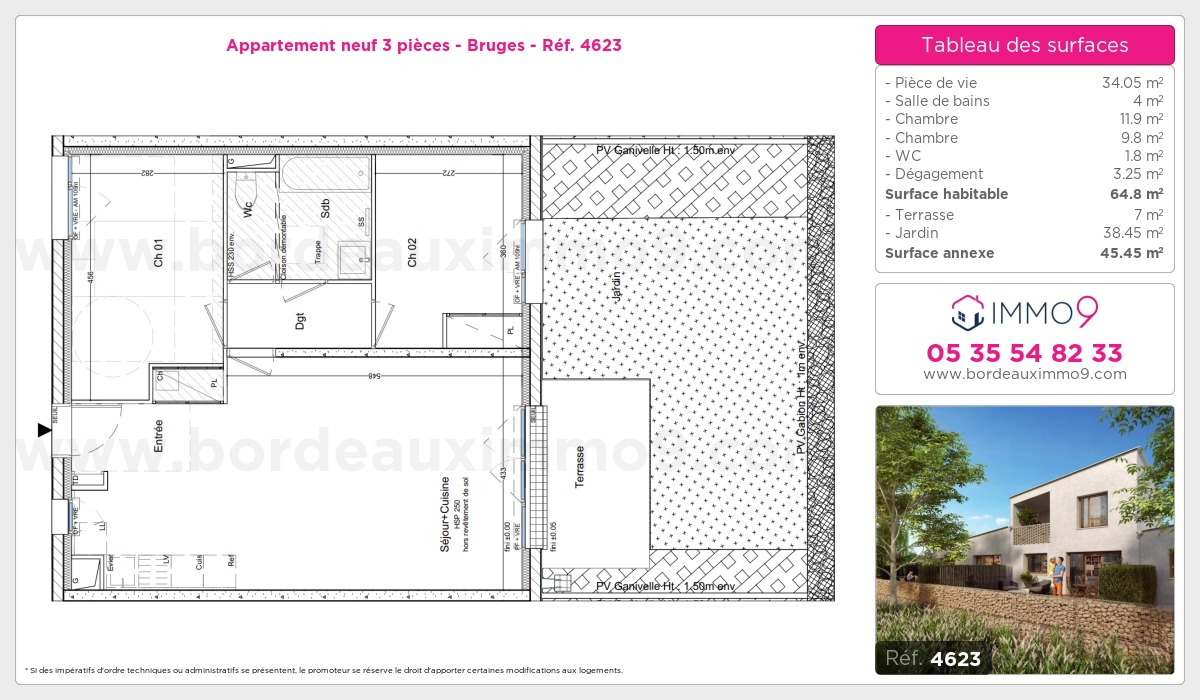 Plan et surfaces, Programme neuf Bruges Référence n° 4623