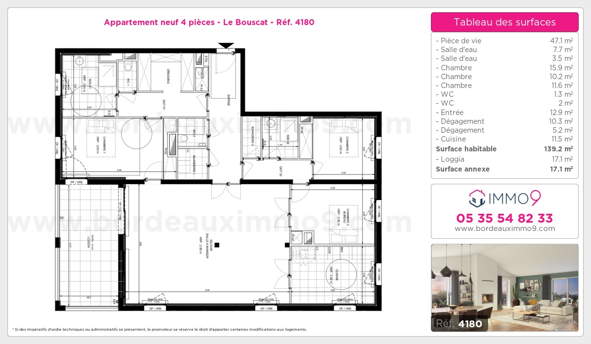 Plan et surfaces, Programme neuf Bouscat Référence n° 4180