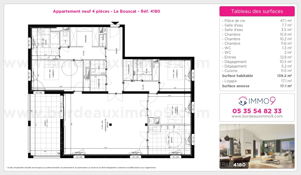 Plan et surfaces, Programme neuf Bouscat Référence n° 4180