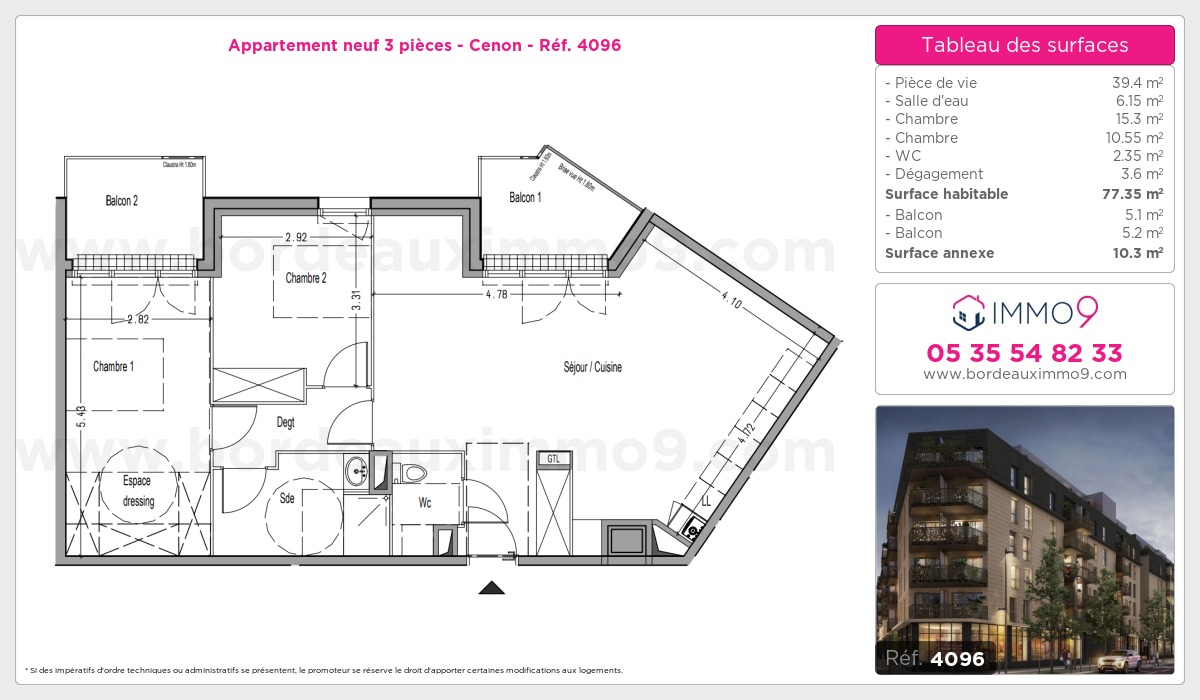 Plan et surfaces, Programme neuf Cenon Référence n° 4096