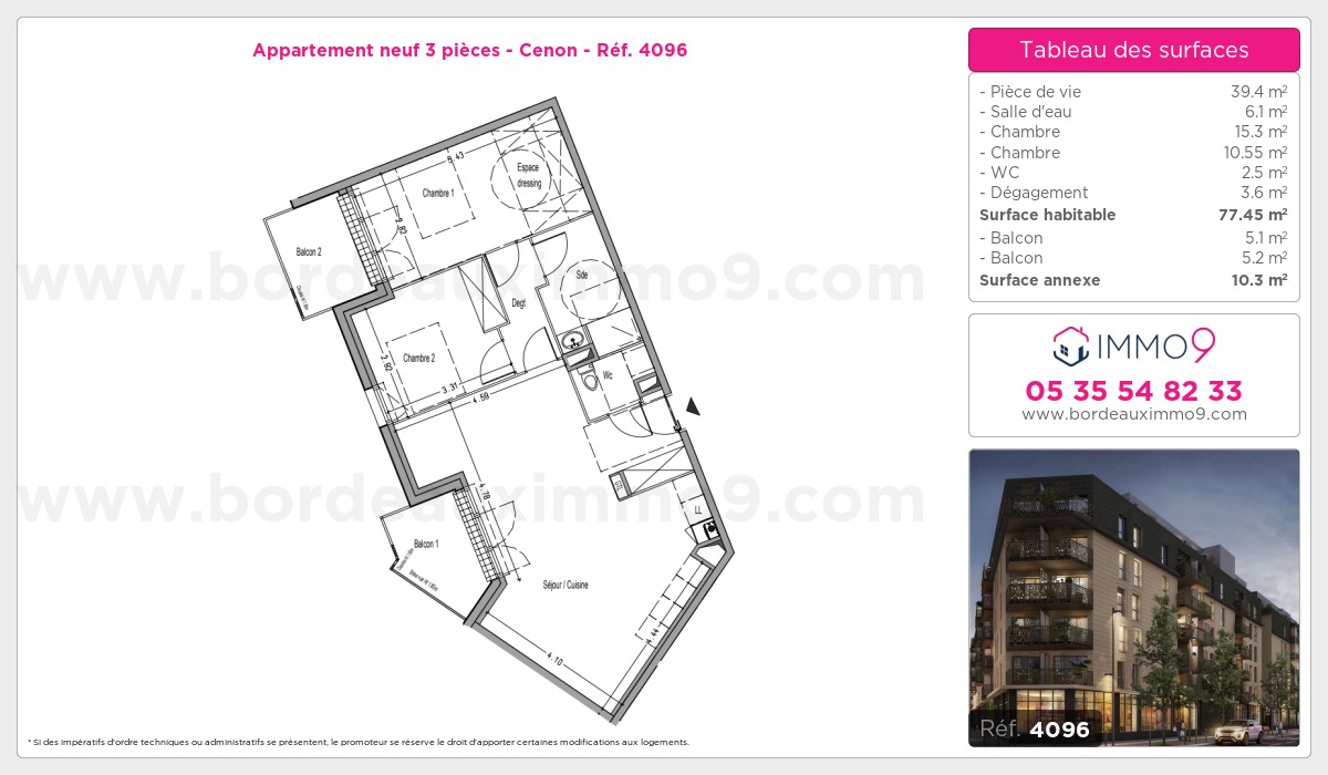 Plan et surfaces, Programme neuf Cenon Référence n° 4096