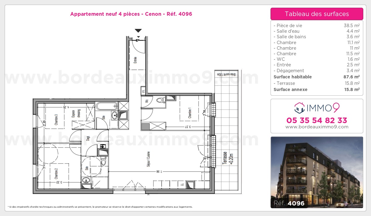 Plan et surfaces, Programme neuf Cenon Référence n° 4096